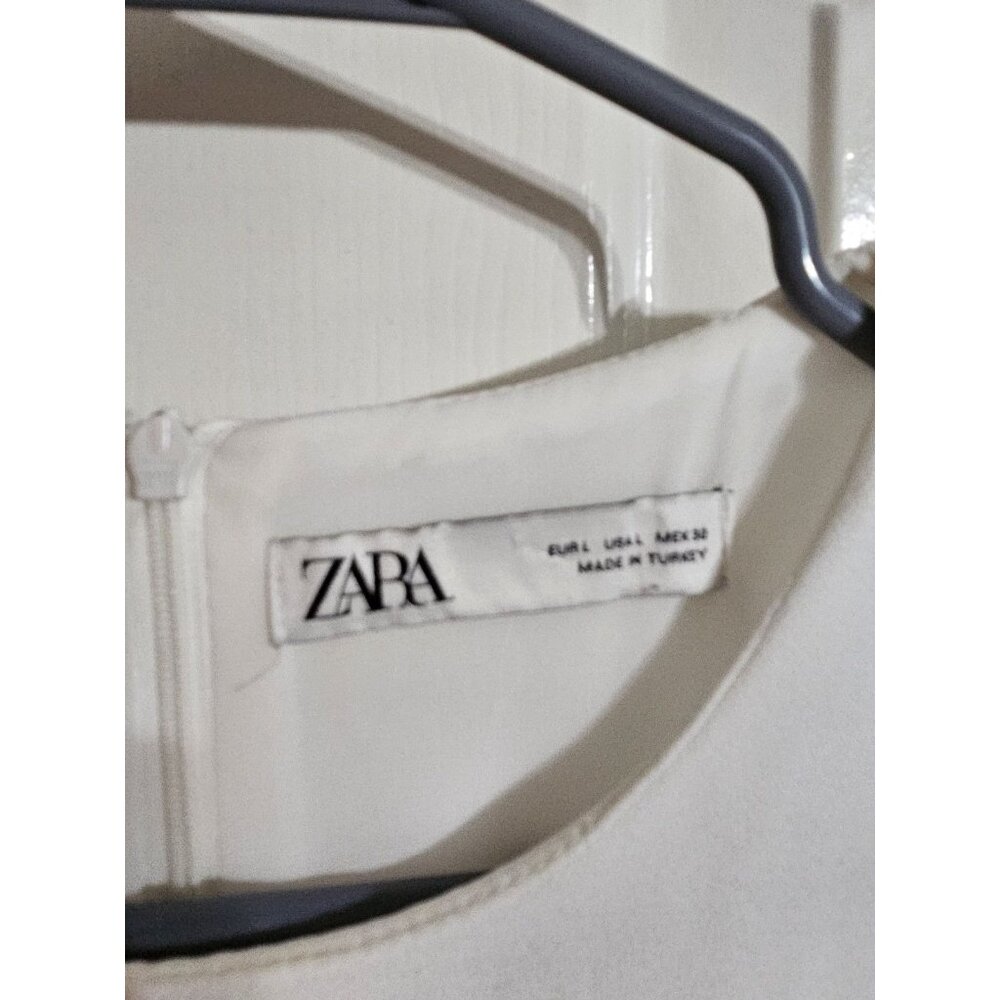 Zara White Pleated Hem Shift Dress Minimalist Mod Short Sleeve Large Preppy - Picture 4 of 6